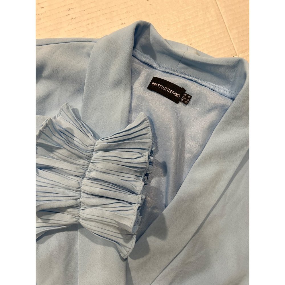 Pretty Little Thing Blue Frill Detail Pleated Skater Dress Size 8